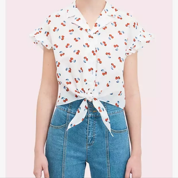 Kate Spade Cherry toss tie-front top, French cream, all cotton XL - Picture 7 of 10